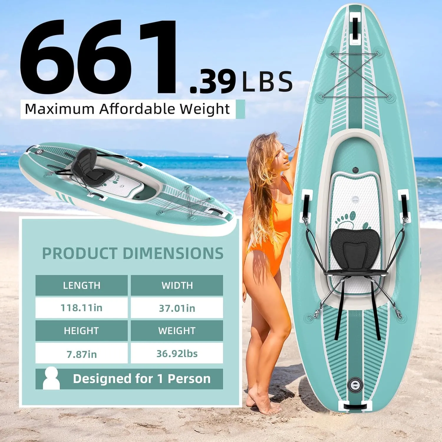 1/2-Person Inflatable Kayak for Adults, Heavy-Duty PVC, Drop-Stitch Floor, Lightweight, Portable, and Durable Tandem Kayak for Fishing, Touring, and Water Sports