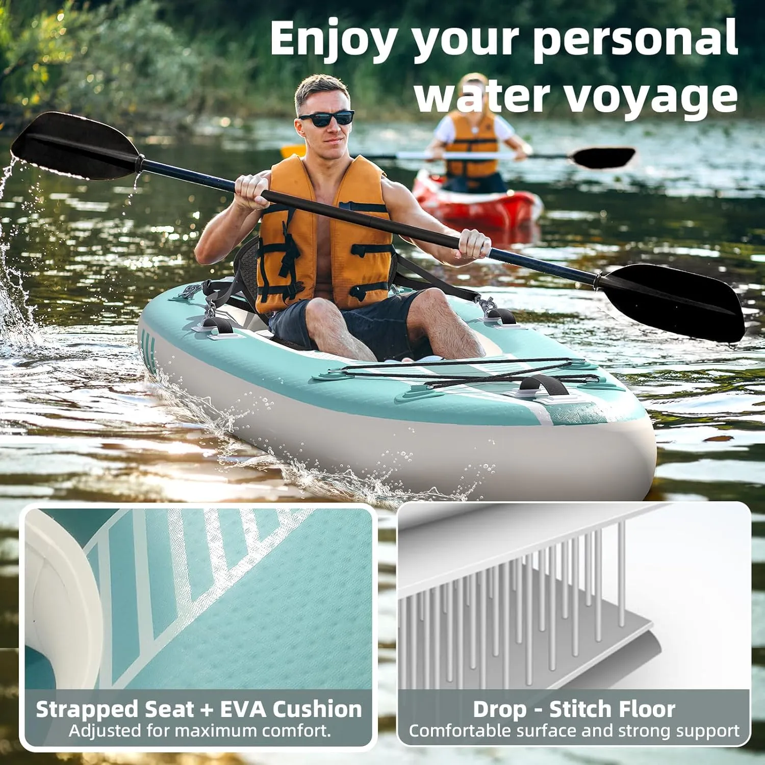1/2-Person Inflatable Kayak for Adults, Heavy-Duty PVC, Drop-Stitch Floor, Lightweight, Portable, and Durable Tandem Kayak for Fishing, Touring, and Water Sports