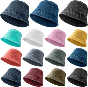 15 Pcs Washed Cotton Bucket Hat Distressed Wide Brim Sun Hats Floppy Packable Fishing Hat Trendy Summer Foldable Flat Top Cap for Women Men Travel Hiking Beach Sports Outdoor, 12 Colors