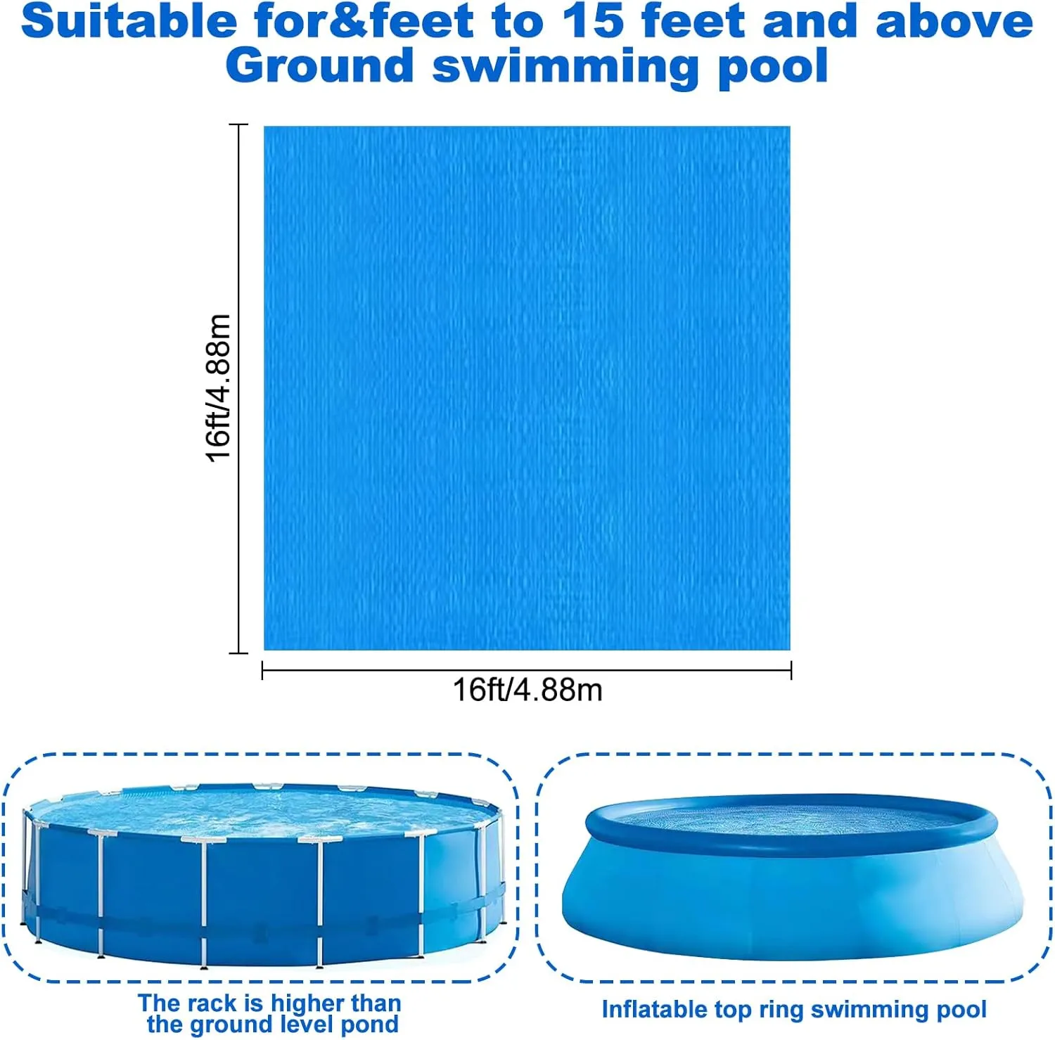 16 x 16 Ft Pool Ground Cloths,Swimming Pool Waterproof PE Swimming Pool Liner Pad for Protect Above Ground Pool Blanket for 8ft to 15ft Frame Above Ground Pools Accessories Prevents Punctures