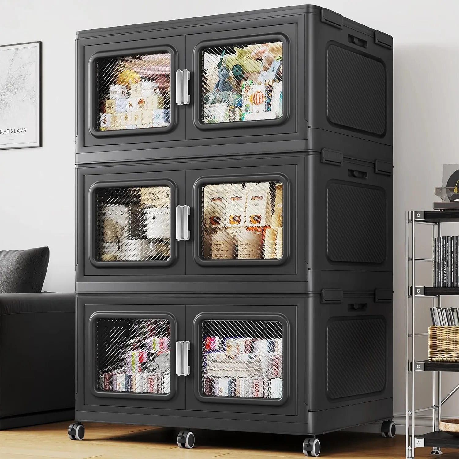 165Gal Extra Large Storage Bins with Lids, 660Qt Plastic Stackable Storage Bins with Wheels, Collapsible Closet Organizer and Storage Drawers, Storage Cabinets for Home, Office, 3 Pack, Black