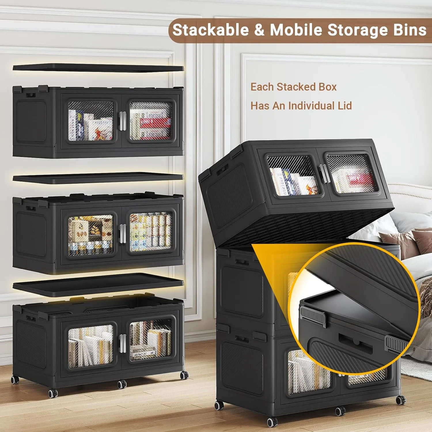 165Gal Extra Large Storage Bins with Lids, 660Qt Plastic Stackable Storage Bins with Wheels, Collapsible Closet Organizer and Storage Drawers, Storage Cabinets for Home, Office, 3 Pack, Black