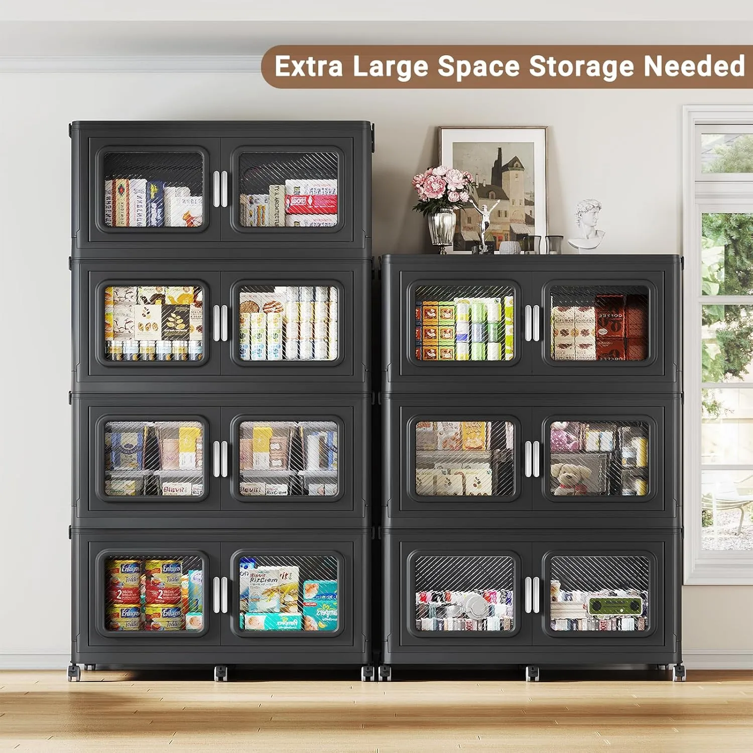 165Gal Extra Large Storage Bins with Lids, 660Qt Plastic Stackable Storage Bins with Wheels, Collapsible Closet Organizer and Storage Drawers, Storage Cabinets for Home, Office, 3 Pack, Black