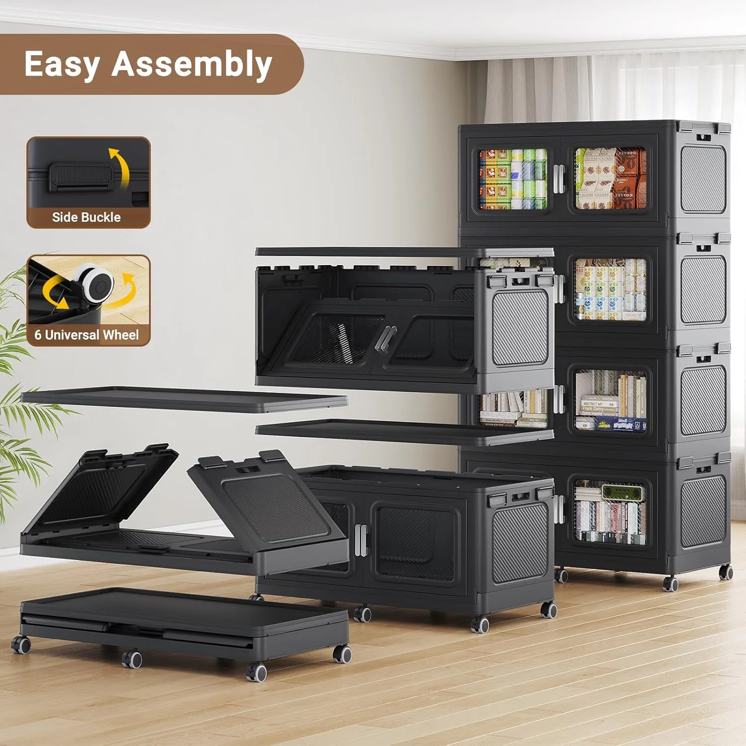 165Gal Extra Large Storage Bins with Lids, 660Qt Plastic Stackable Storage Bins with Wheels, Collapsible Closet Organizer and Storage Drawers, Storage Cabinets for Home, Office, 3 Pack, Black