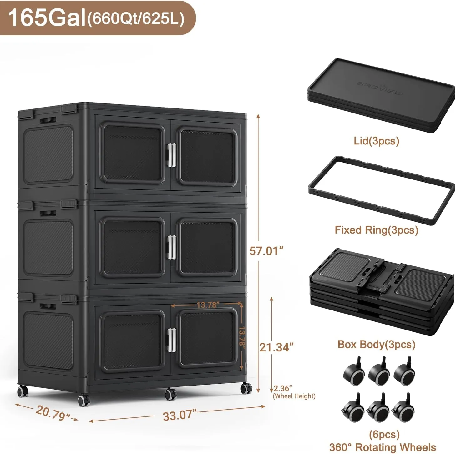 165Gal Extra Large Storage Bins with Lids, 660Qt Plastic Stackable Storage Bins with Wheels, Collapsible Closet Organizer and Storage Drawers, Storage Cabinets for Home, Office, 3 Pack, Black