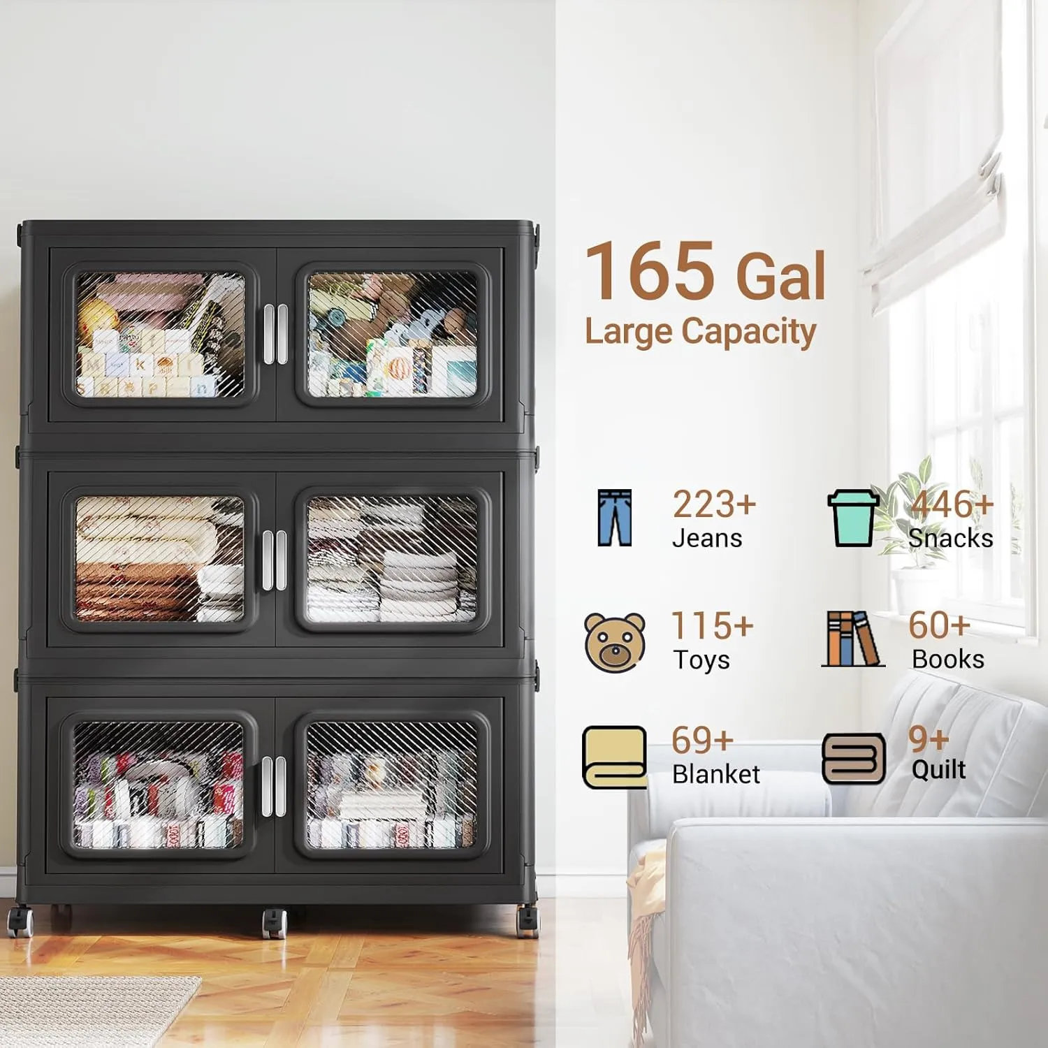 165Gal Extra Large Storage Bins with Lids, 660Qt Plastic Stackable Storage Bins with Wheels, Collapsible Closet Organizer and Storage Drawers, Storage Cabinets for Home, Office, 3 Pack, Black