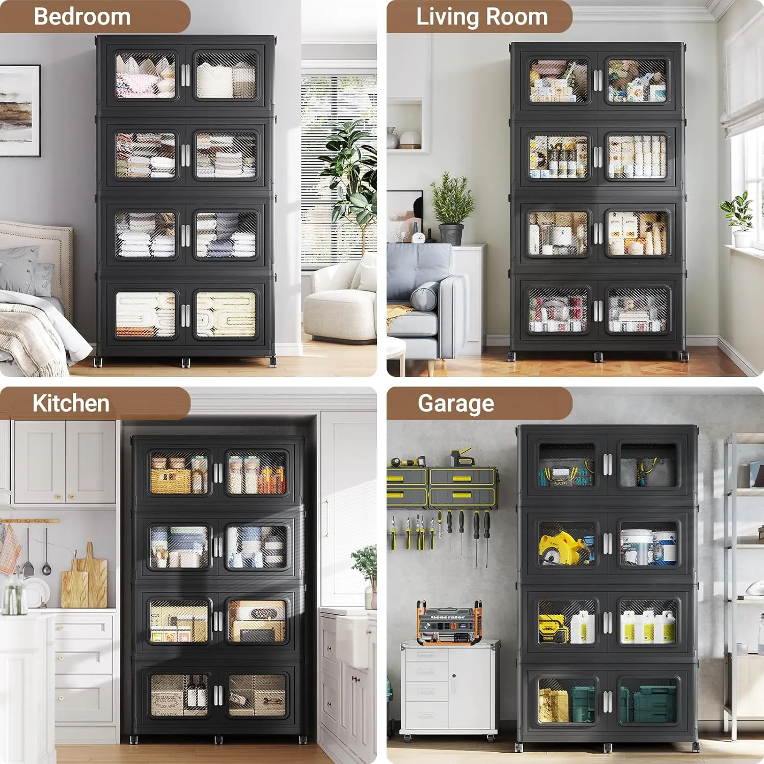 165Gal Extra Large Storage Bins with Lids, 660Qt Plastic Stackable Storage Bins with Wheels, Collapsible Closet Organizer and Storage Drawers, Storage Cabinets for Home, Office, 3 Pack, Black