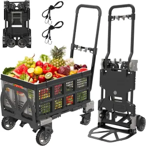 2-in-1 Folding Hand Truck with Folding Basket, 330LBS Capacity Heavy Duty Dolly with Retractable Handle, 4 Wheels and 2 Wheels Convertible Dolly Cart (Grey, with Basket)