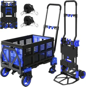2 in 1 Folding Hand Truck with Folding Basket,Heavy Duty Hand Truck Dolly 330lbs Capacity with Telescoping Handle and Rubber Wheels,Portable Dolly Cart with Bungee Cords for Moving