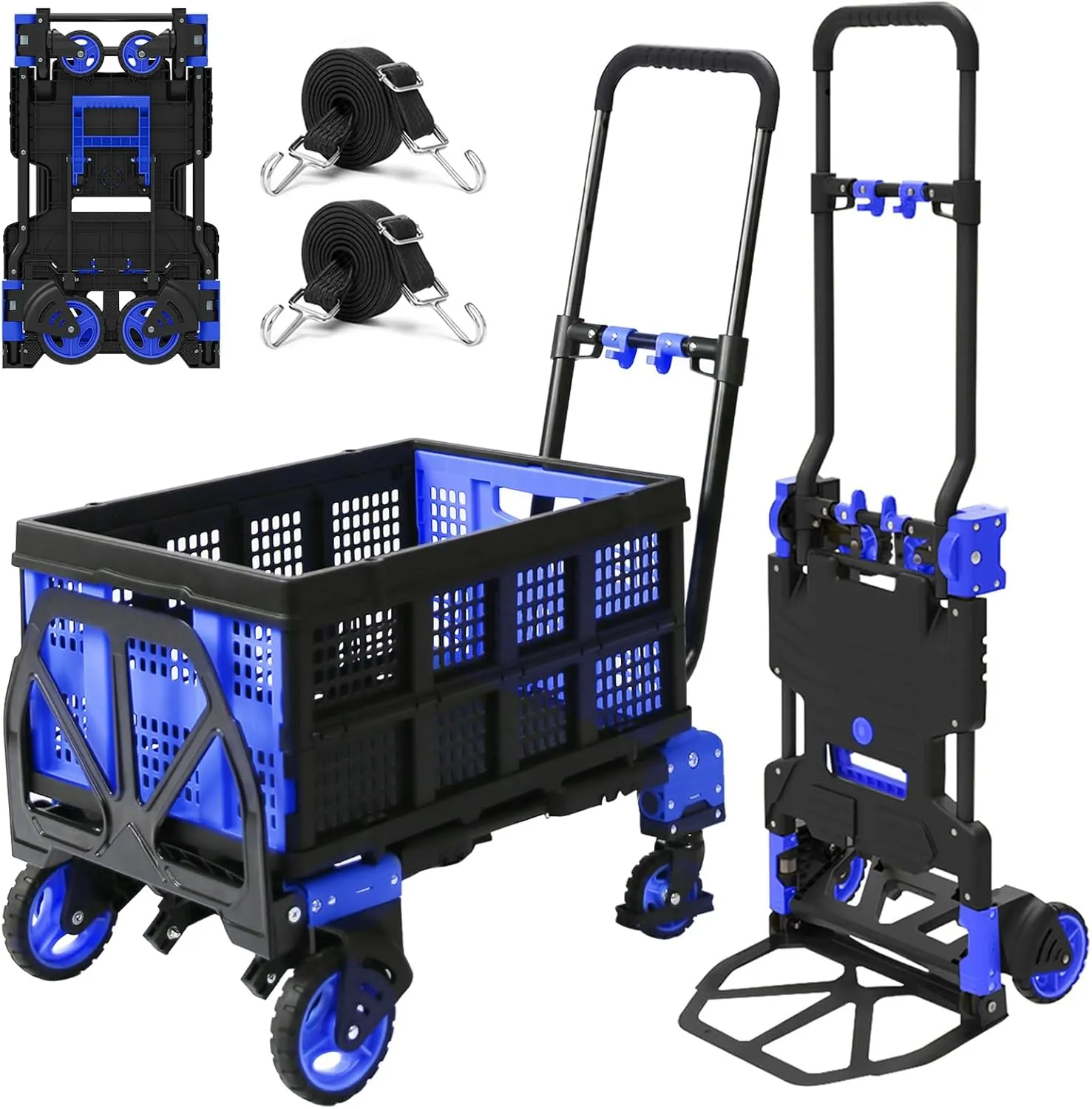 2 in 1 Folding Hand Truck with Folding Basket,Heavy Duty Hand Truck Dolly 330lbs Capacity with Telescoping Handle and Rubber Wheels,Portable Dolly Cart with Bungee Cords for Moving