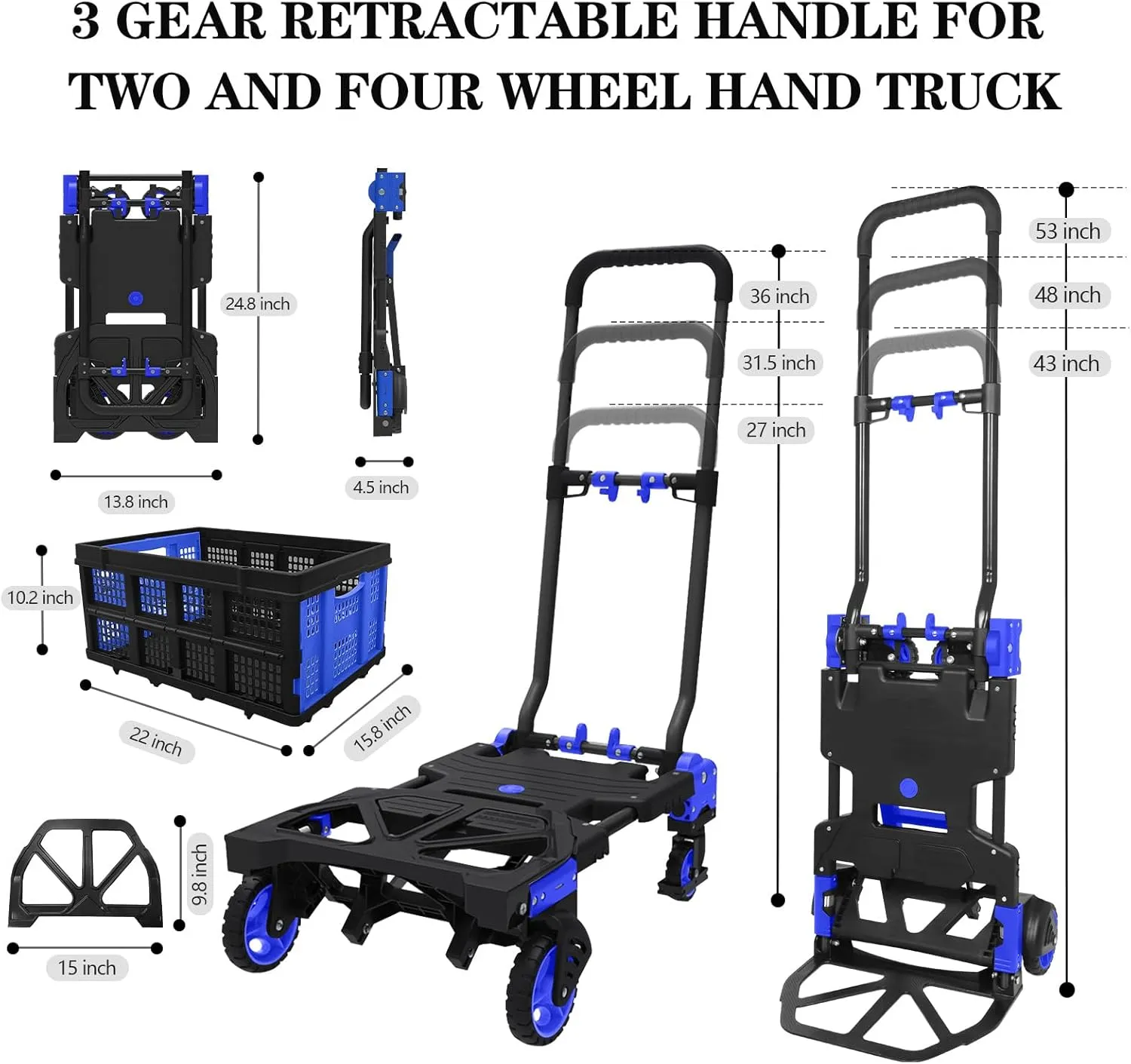 2 in 1 Folding Hand Truck with Folding Basket,Heavy Duty Hand Truck Dolly 330lbs Capacity with Telescoping Handle and Rubber Wheels,Portable Dolly Cart with Bungee Cords for Moving