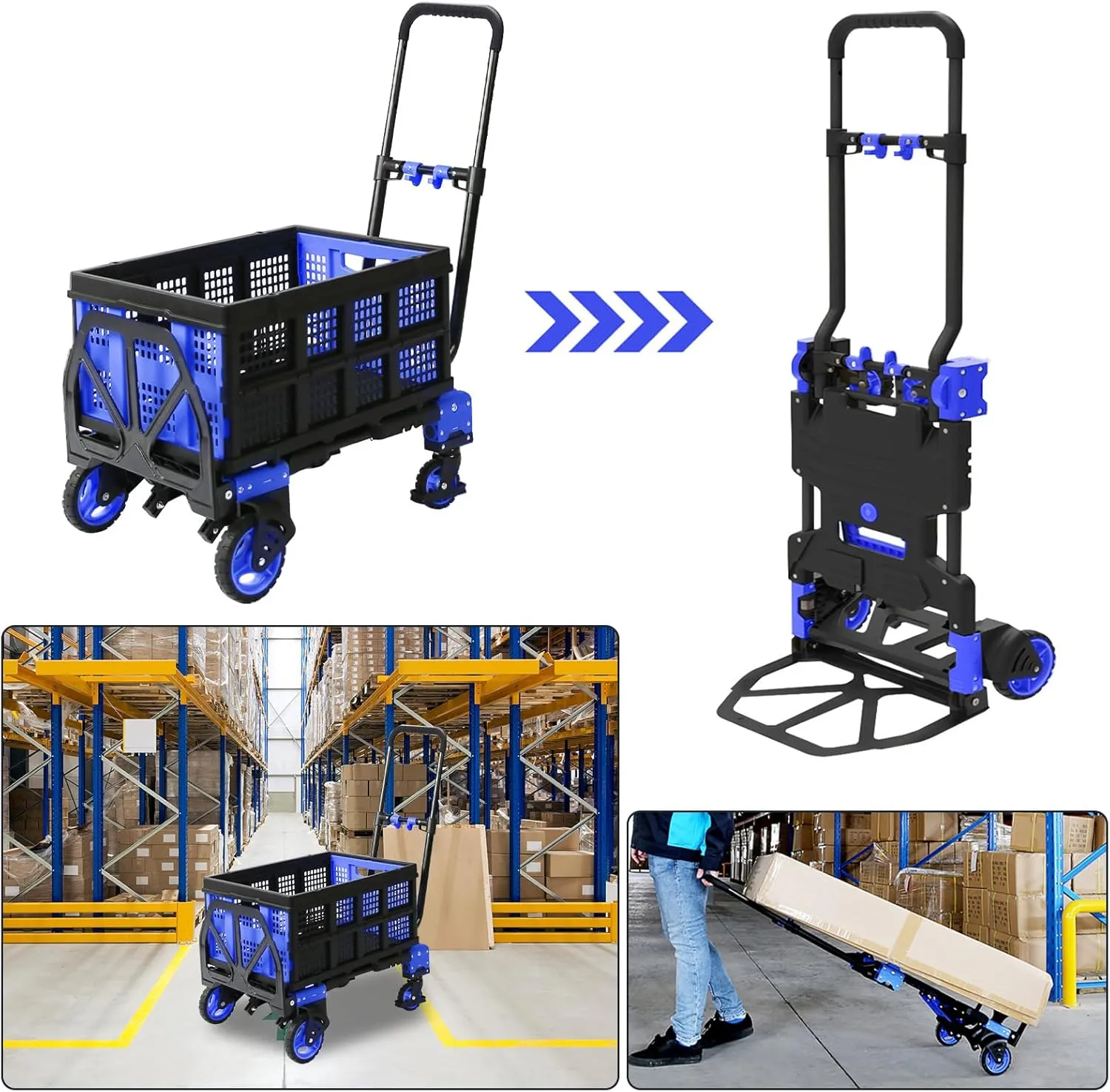 2 in 1 Folding Hand Truck with Folding Basket,Heavy Duty Hand Truck Dolly 330lbs Capacity with Telescoping Handle and Rubber Wheels,Portable Dolly Cart with Bungee Cords for Moving