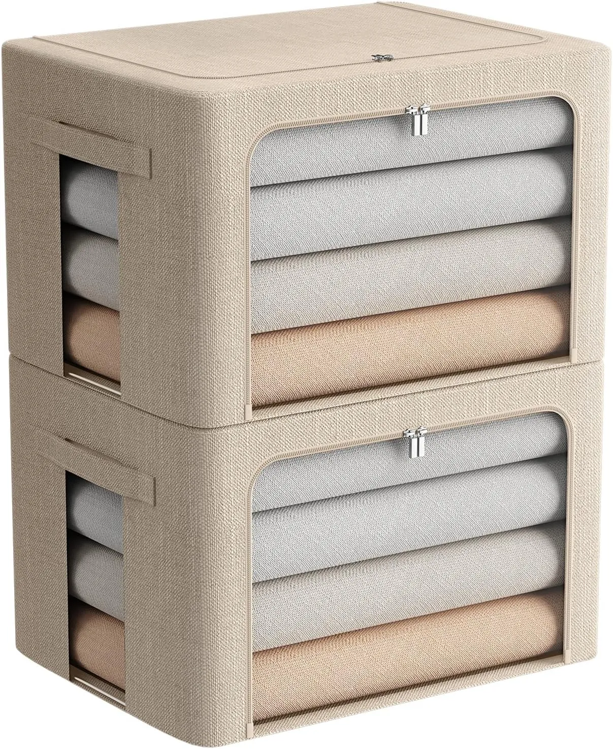 2 Pack Clothes Storage Bins Stackable Metal Frame Storage Box Foldable Linen Fabric Box Organizer with Carrying Handles and Clear Window (Beige, 15.7x 11.8x 11.7 Inch)