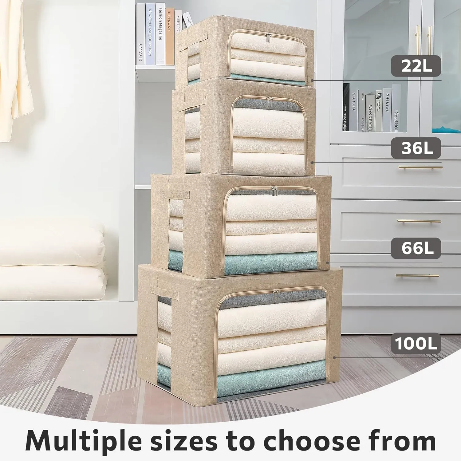 2 Pack Clothes Storage Bins Stackable Metal Frame Storage Box Foldable Linen Fabric Box Organizer with Carrying Handles and Clear Window (Beige, 15.7x 11.8x 11.7 Inch)