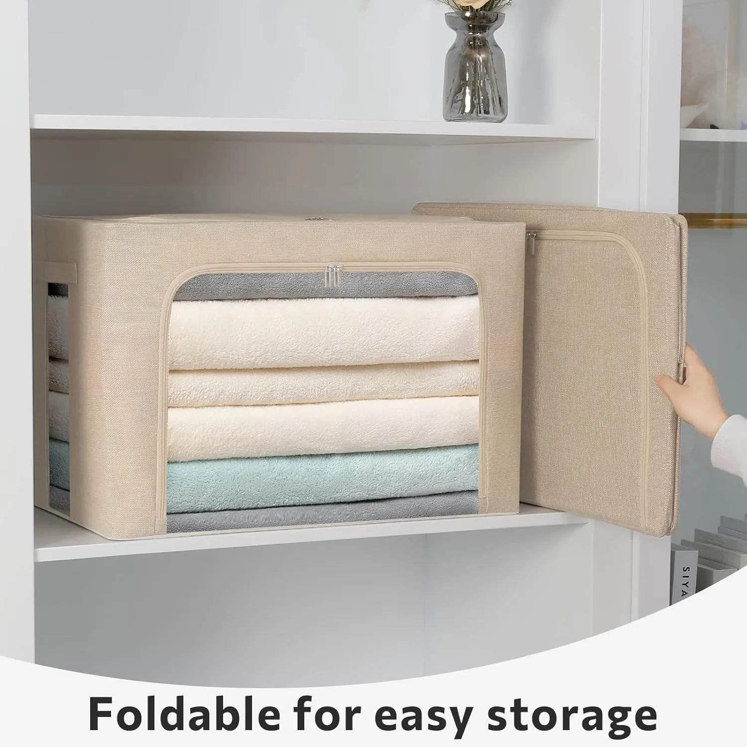 2 Pack Clothes Storage Bins Stackable Metal Frame Storage Box Foldable Linen Fabric Box Organizer with Carrying Handles and Clear Window (Beige, 15.7x 11.8x 11.7 Inch)