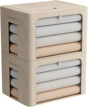 2 Pack Clothes Storage Bins Stackable Metal Frame Storage Box Foldable Linen Fabric Box Organizer with Carrying Handles and Clear Window (Beige, 15.7x 11.8x 11.7 Inch)