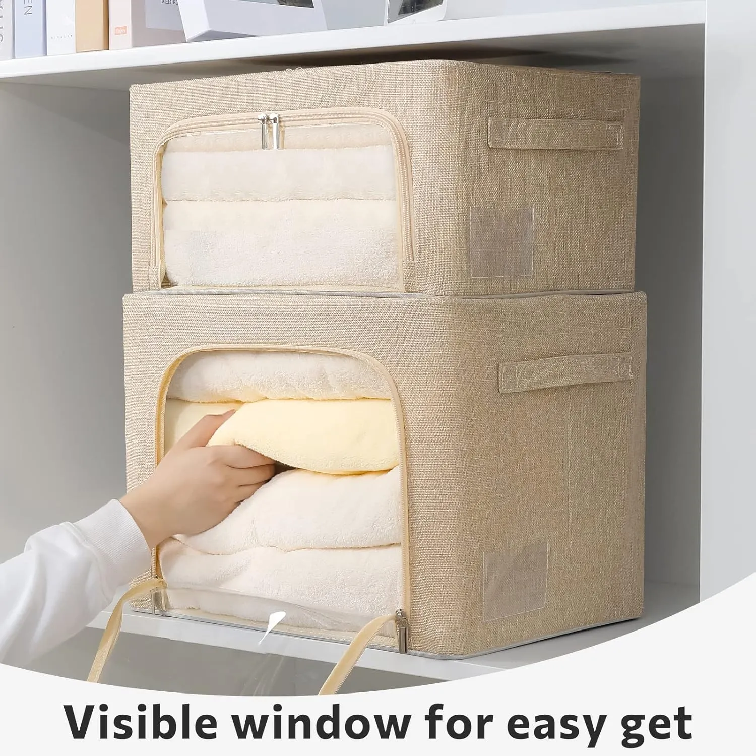 2 Pack Clothes Storage Bins Stackable Metal Frame Storage Box Foldable Linen Fabric Box Organizer with Carrying Handles and Clear Window (Beige, 15.7x 11.8x 11.7 Inch)