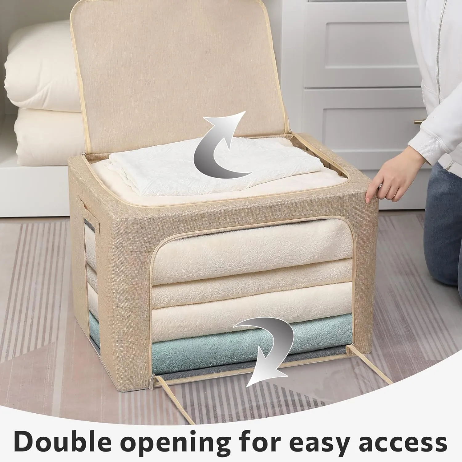 2 Pack Clothes Storage Bins Stackable Metal Frame Storage Box Foldable Linen Fabric Box Organizer with Carrying Handles and Clear Window (Beige, 15.7x 11.8x 11.7 Inch)