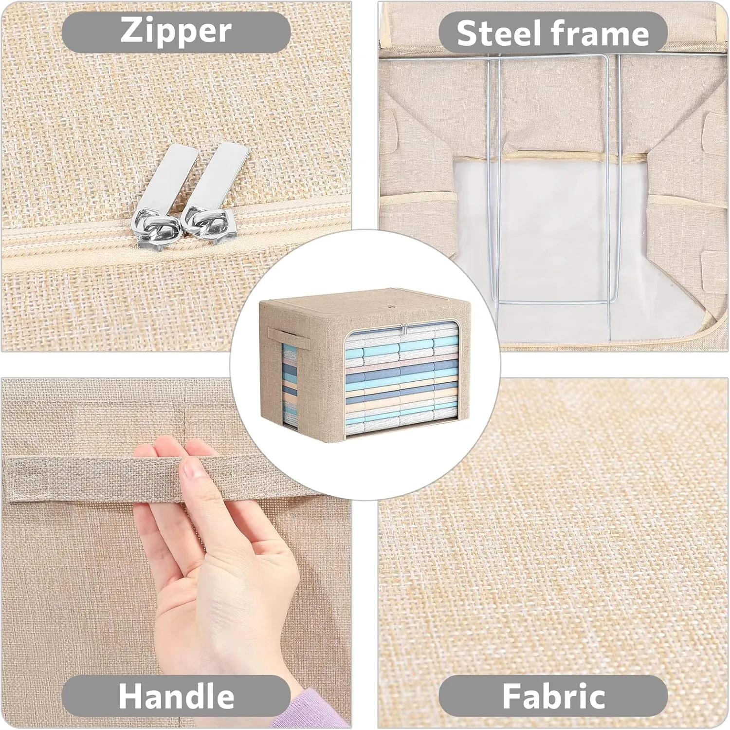 2 Pack Clothes Storage Bins Stackable Metal Frame Storage Box Foldable Linen Fabric Box Organizer with Carrying Handles and Clear Window (Beige, 15.7x 11.8x 11.7 Inch)