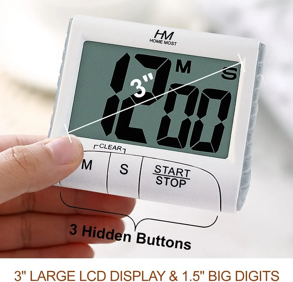 2-Pack Large Display Kitchen Timer - 3" Digital Timer Magnetic Back Loud Alarm - White Cooking Timers for Kitchen Teachers Students Games Meetings - Sports Timer for Workouts Exercise