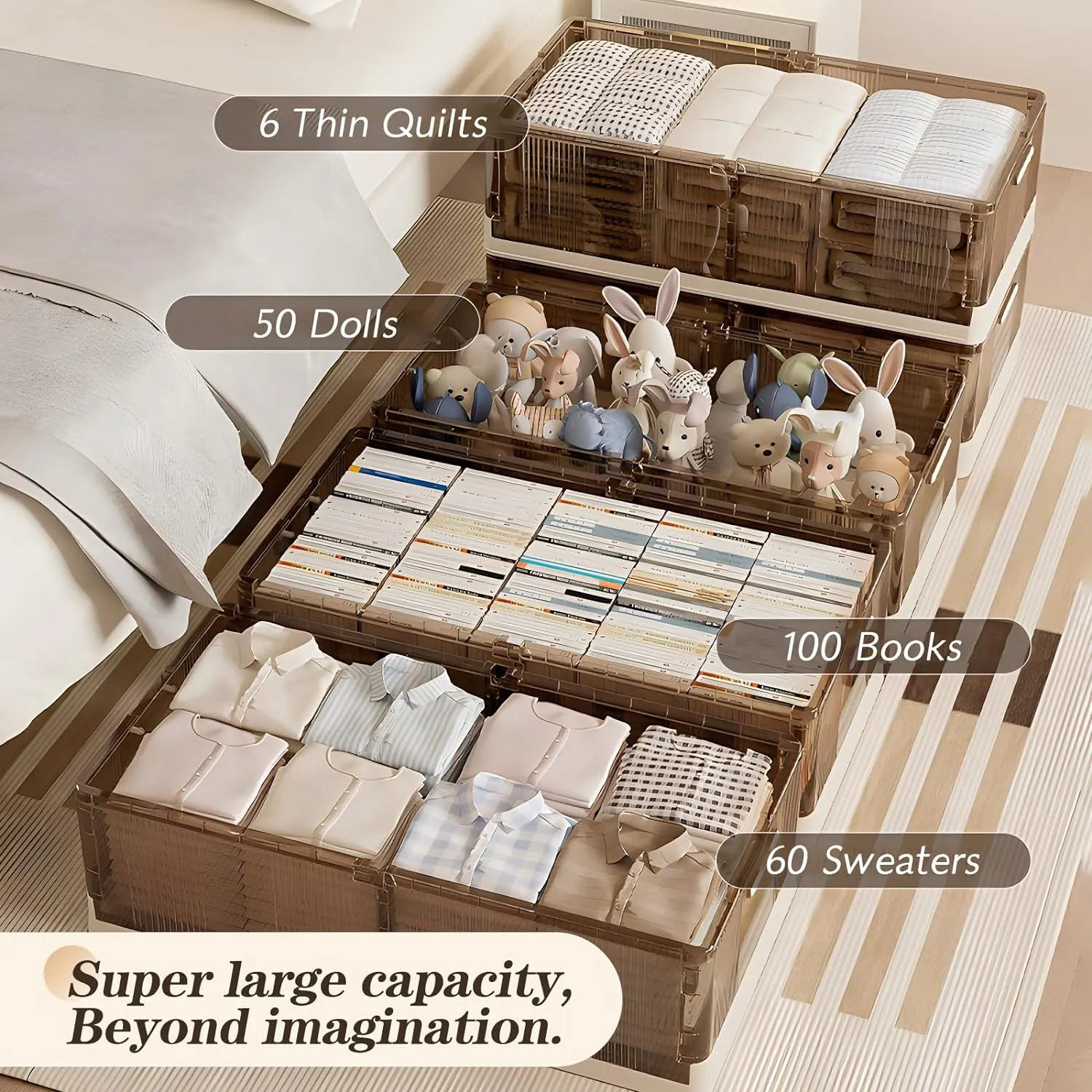 2 Pack Under-bed storage box with wheels, stackable, under-bed shoe storage drawer, foldable plastic storage box with lid, can store clothes, shoes, blankets, toys, books (M Szie，Brown)