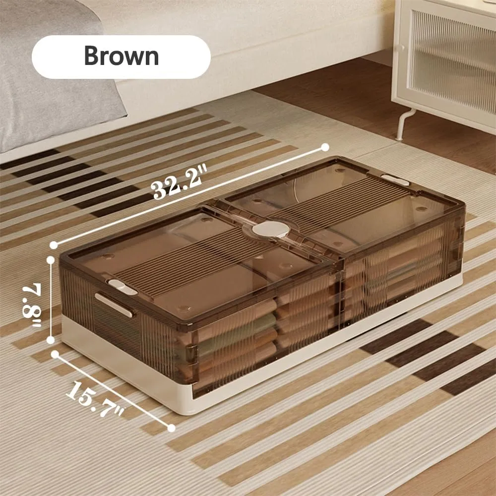 2 Pack Under-bed storage box with wheels, stackable, under-bed shoe storage drawer, foldable plastic storage box with lid, can store clothes, shoes, blankets, toys, books (M Szie，Brown)