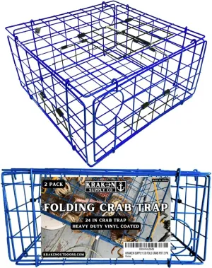 24 Inch Foldable Crab Trap Crabpot Vinyl Coated Steel Cage Folds Flat for Easy Storage & Transport 4 Entries 2 Escape Rings DFW Compliant (1)