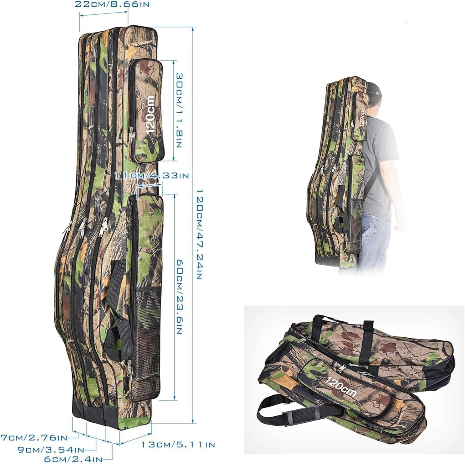 3 Layers Fishing Pole Bag,Portable 3 Layers Oxford Folding Rod Carry Case,Fishing Reel Tackle Storage Bag Case