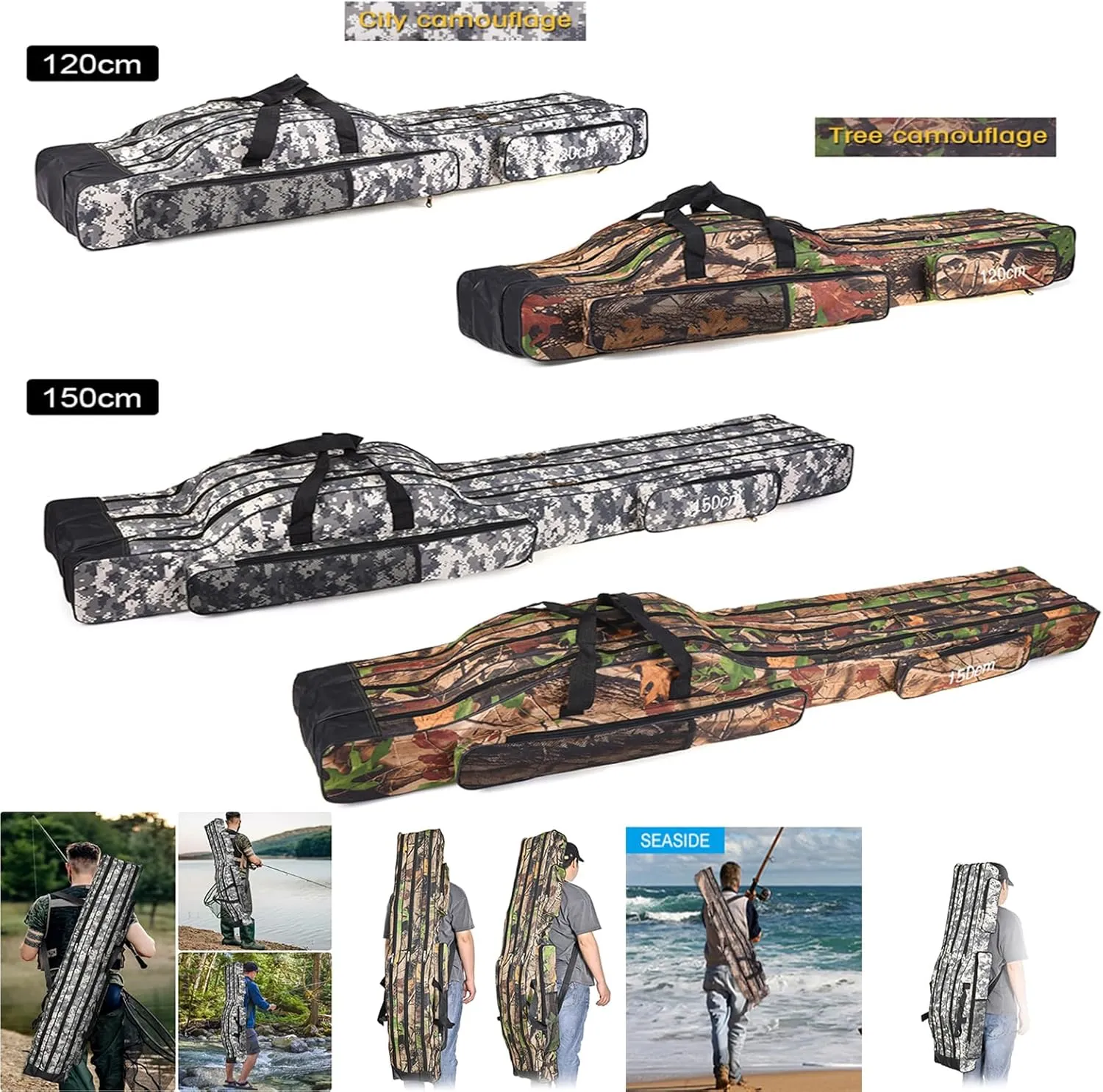 3 Layers Fishing Pole Bag,Portable 3 Layers Oxford Folding Rod Carry Case,Fishing Reel Tackle Storage Bag Case