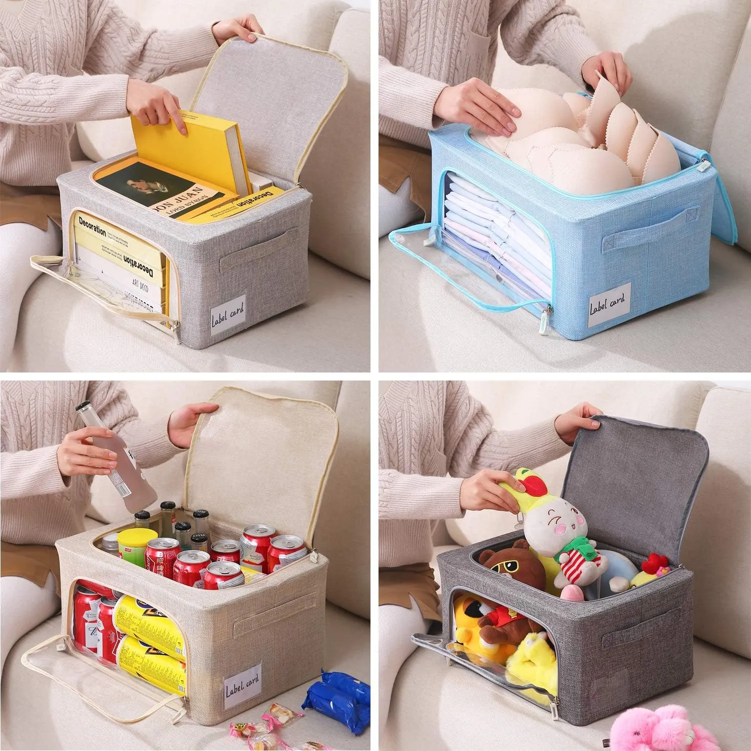 3Pack Foldable Storage Bins - Frame Storage Box Linen Fabric Stackable Clothes Container Organizer with Clear Window & Carry Handles Large Capacity (Small-22L, Dark Gray)