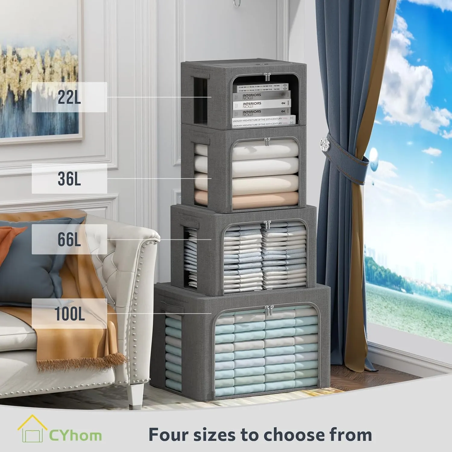 3Pack Foldable Storage Bins - Frame Storage Box Linen Fabric Stackable Clothes Container Organizer with Clear Window & Carry Handles Large Capacity (Small-22L, Dark Gray)