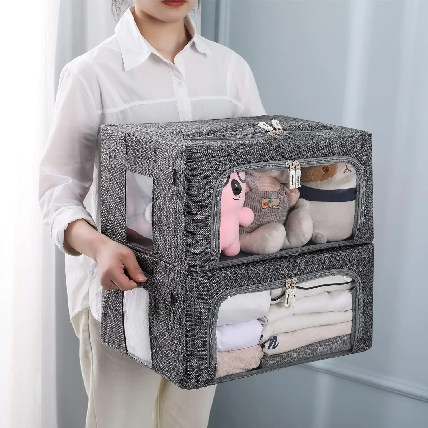 3Pack Foldable Storage Bins - Frame Storage Box Linen Fabric Stackable Clothes Container Organizer with Clear Window & Carry Handles Large Capacity (Small-22L, Dark Gray)