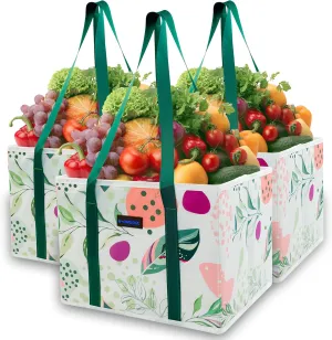 3Pk Reusable Grocery Bags, Foldable Shopping Bags for Groceries with Long Handles & Reinforced Bottom