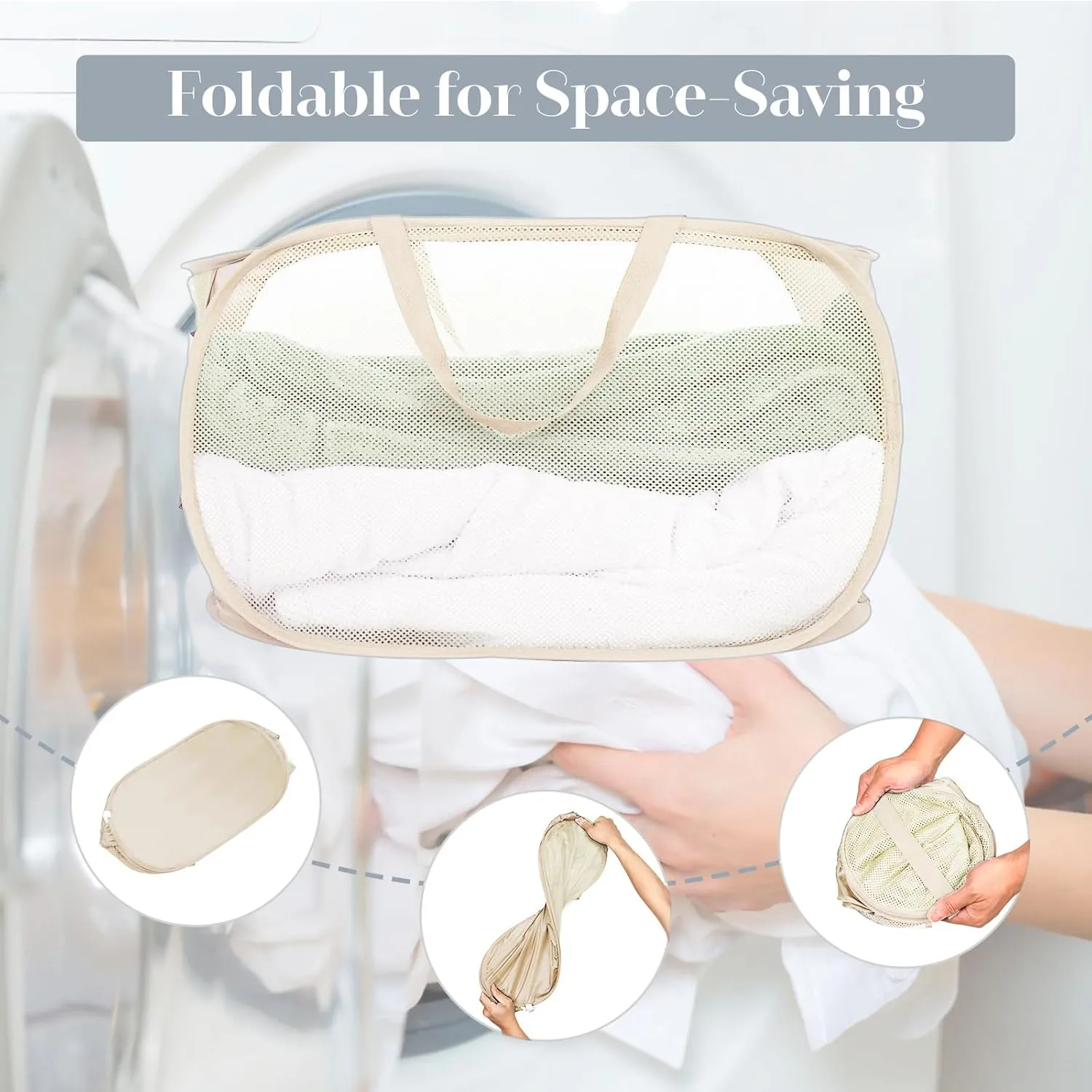 4 Pcs Durable Collapsible Laundry Baskets, Foldable Laundry Basket Large Opening, Pop Up Laundry Hamper with Pocket, Clothes Hamper with Handles for Laundry, Bathroom, Kids Room, Dorm or Trave