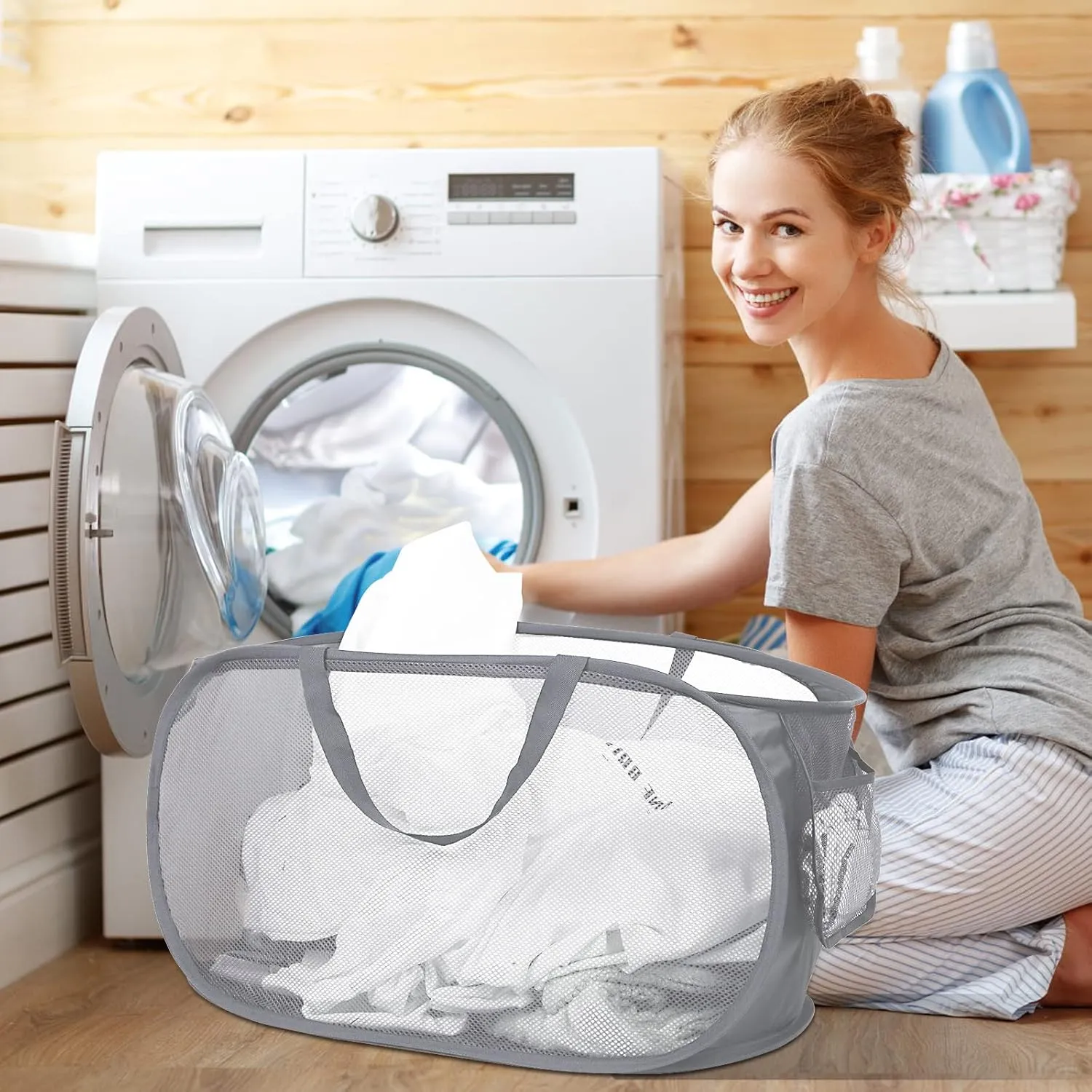 4 Pcs Durable Collapsible Laundry Baskets, Foldable Laundry Basket Large Opening, Pop Up Laundry Hamper with Pocket, Clothes Hamper with Handles for Laundry, Bathroom, Kids Room, Dorm or Trave