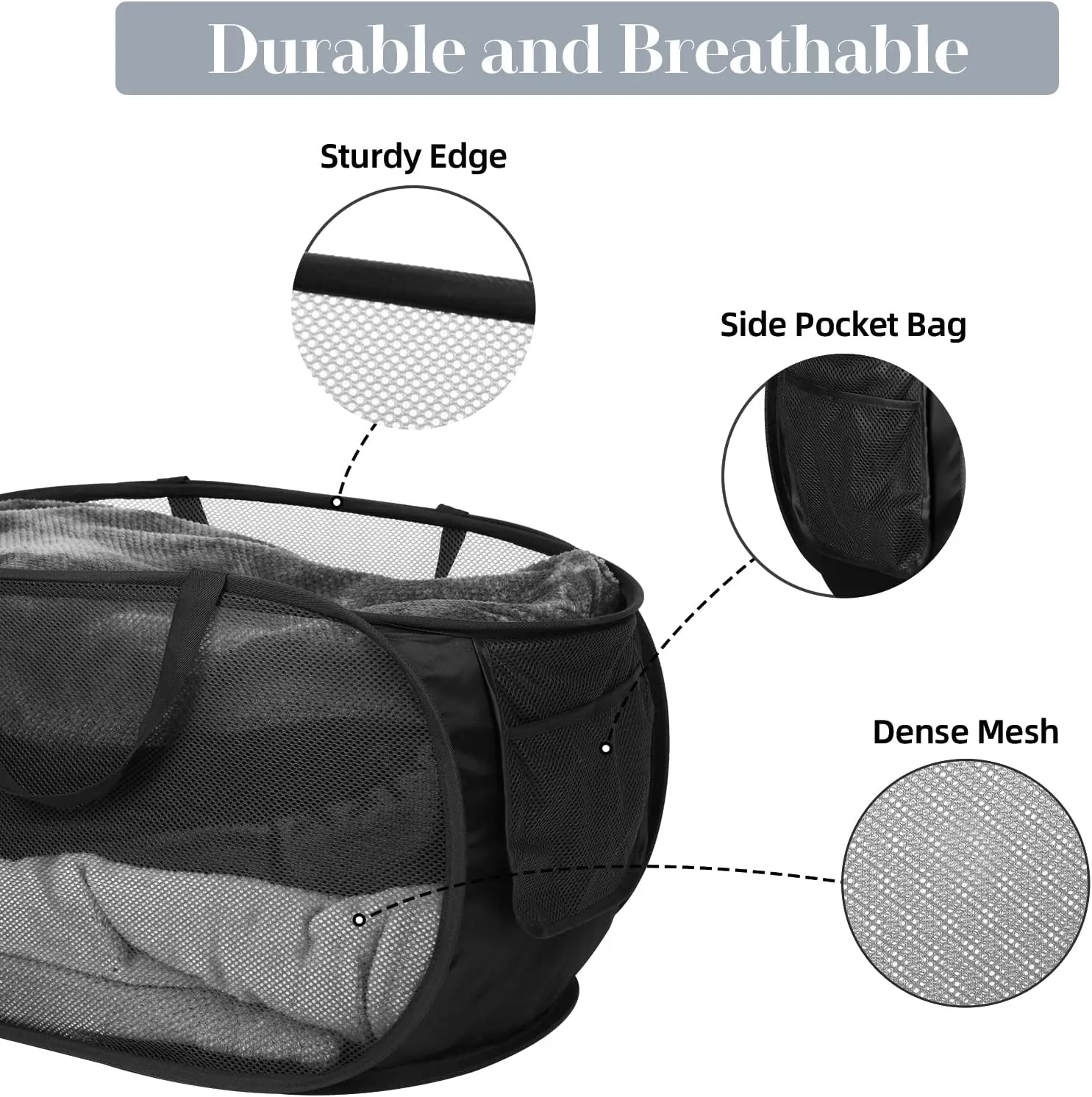 4 Pcs Durable Collapsible Laundry Baskets, Foldable Laundry Basket Large Opening, Pop Up Laundry Hamper with Pocket, Clothes Hamper with Handles for Laundry, Bathroom, Kids Room, Dorm or Trave
