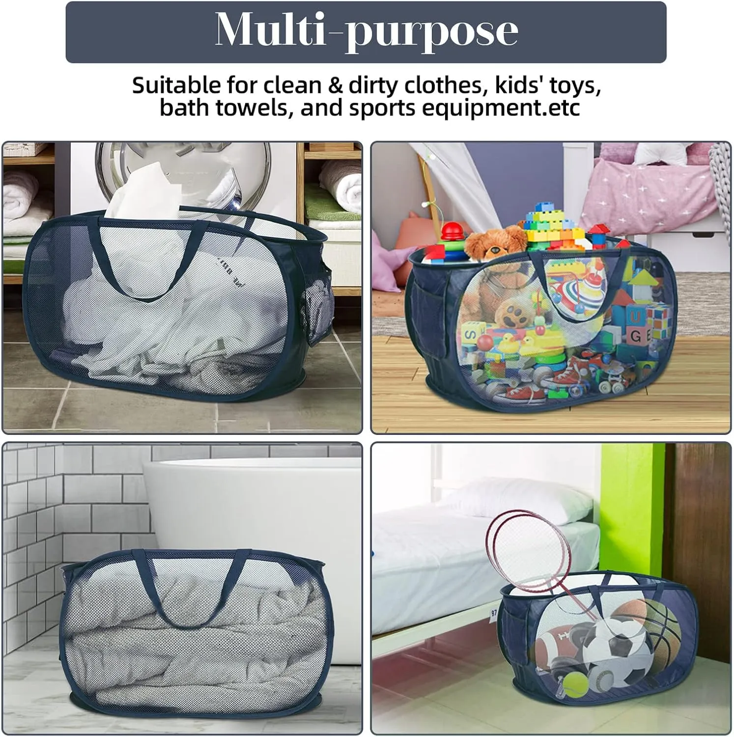 4 Pcs Durable Collapsible Laundry Baskets, Foldable Laundry Basket Large Opening, Pop Up Laundry Hamper with Pocket, Clothes Hamper with Handles for Laundry, Bathroom, Kids Room, Dorm or Trave