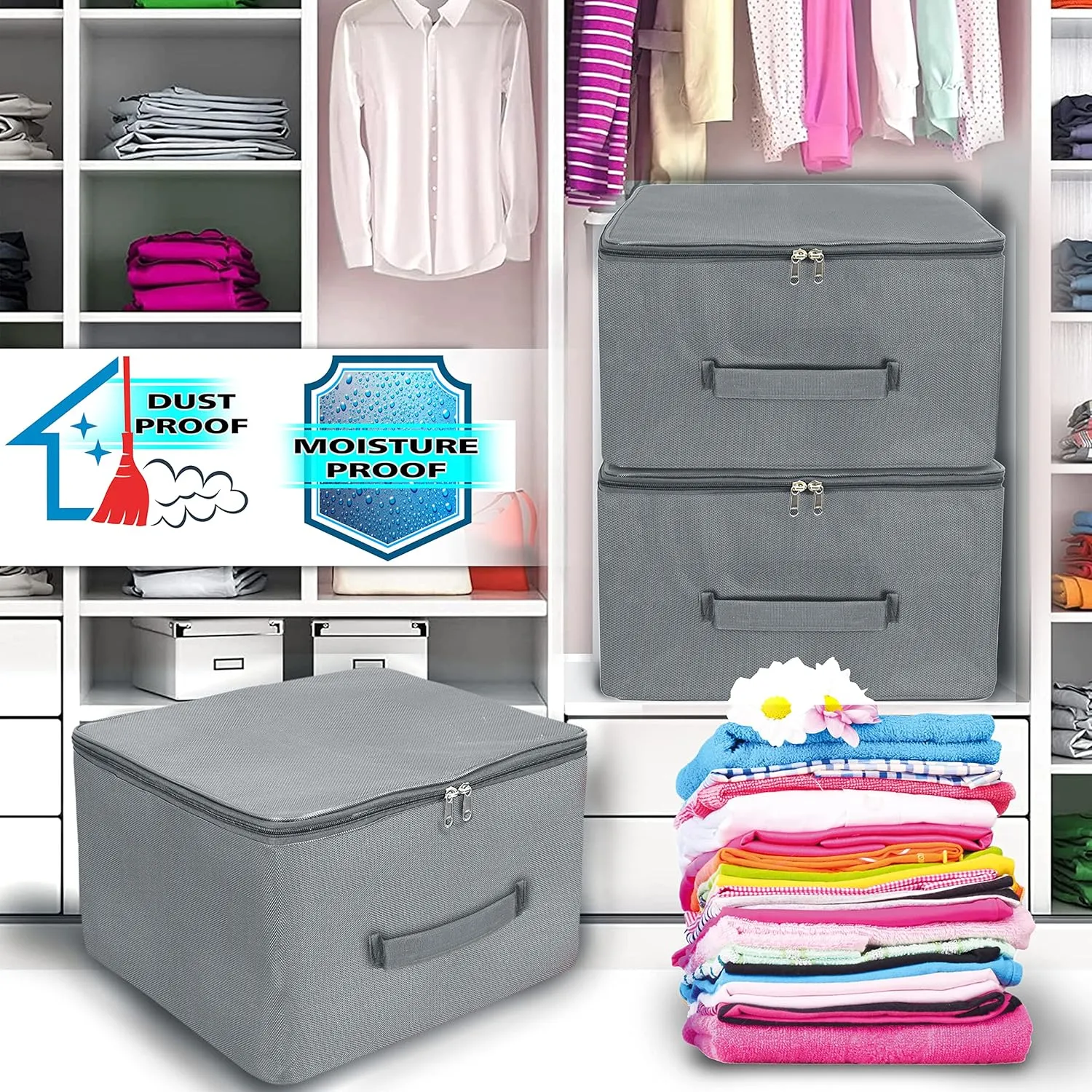 5 Pack Nylon Wardrobe Bag Underbed Moisture Proof Cloth Storage Organiser with Zippered Closure & Handle (Grey, 37x35x23 cm) Square