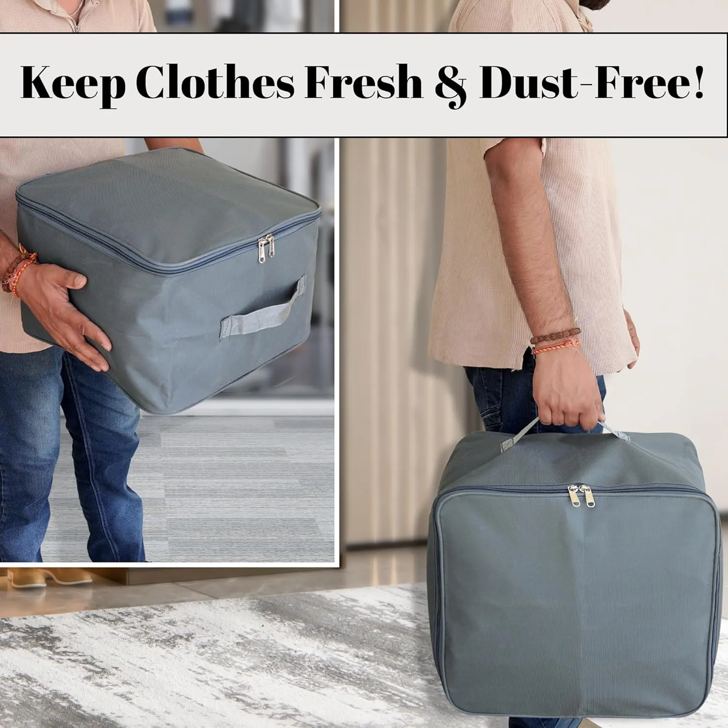 5 Pack Nylon Wardrobe Bag Underbed Moisture Proof Cloth Storage Organiser with Zippered Closure & Handle (Grey, 37x35x23 cm) Square
