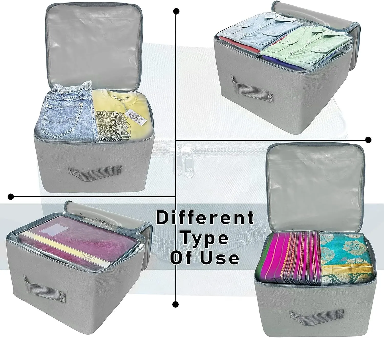 5 Pack Nylon Wardrobe Bag Underbed Moisture Proof Cloth Storage Organiser with Zippered Closure & Handle (Grey, 37x35x23 cm) Square