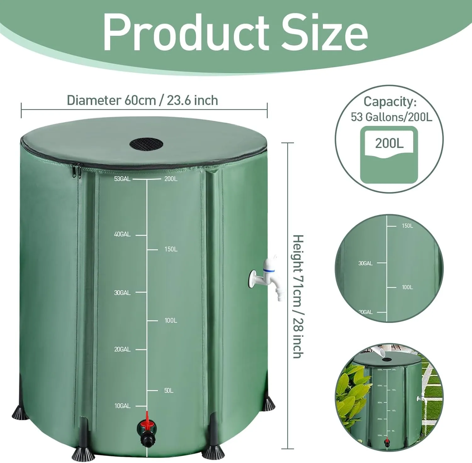 53 Gallon Collapsible Rain Barrel with Zip, 1000D Oxford Foldable Water Barrels Rain Catcher from Gutter, 200L Protable Rainwater Collection Barrel Ice Bath Tub with 3 Spigots and 12 Half Poles Kit