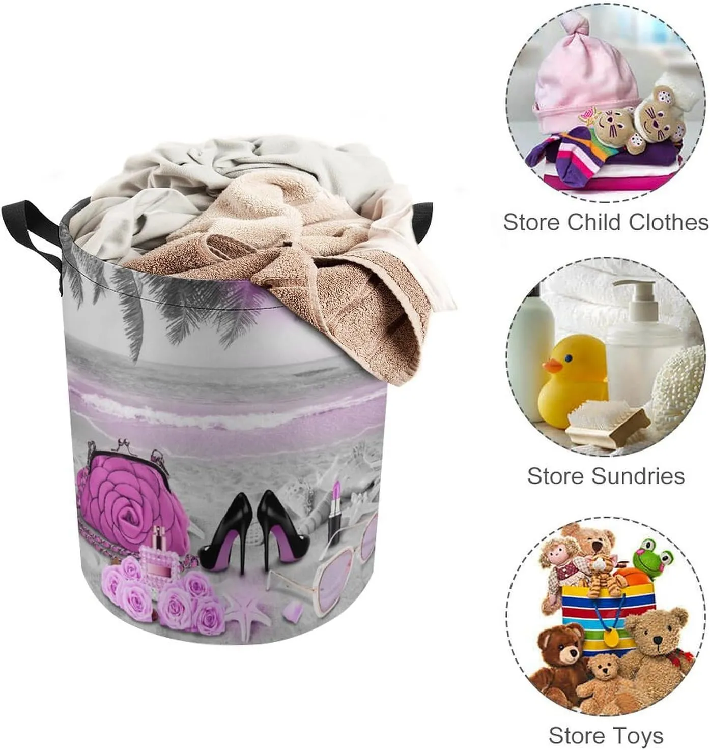 Abstract Tropical Summer Beach Collapsible Folding Washing Bin,Abstract Makeup Theme High Heels Palm Trees Starfish For Laundry Room, Balcony Dirty Clothes Basket-13.8"W X13.8"L X17.3"H