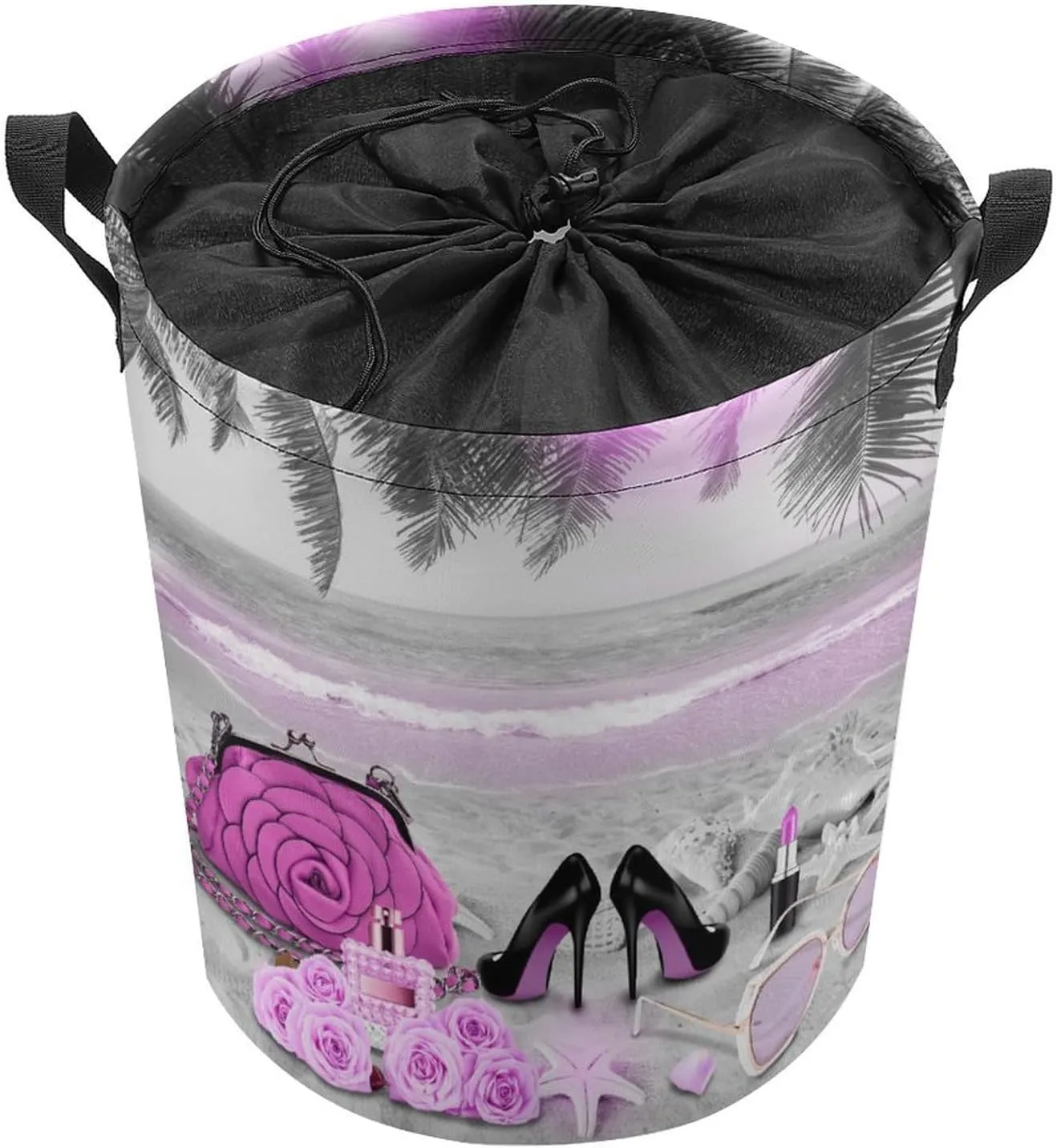 Abstract Tropical Summer Beach Collapsible Folding Washing Bin,Abstract Makeup Theme High Heels Palm Trees Starfish For Laundry Room, Balcony Dirty Clothes Basket-13.8"W X13.8"L X17.3"H