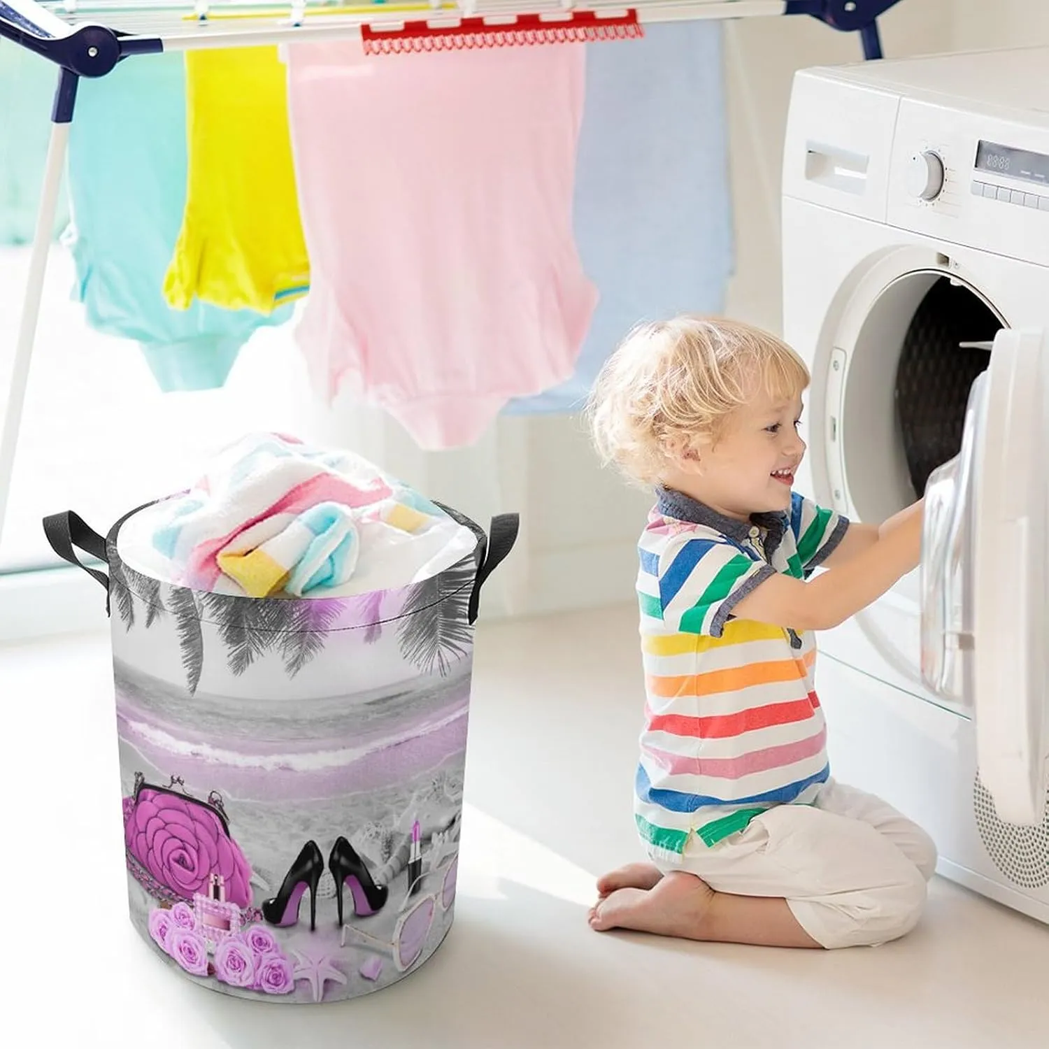 Abstract Tropical Summer Beach Collapsible Folding Washing Bin,Abstract Makeup Theme High Heels Palm Trees Starfish For Laundry Room, Balcony Dirty Clothes Basket-13.8"W X13.8"L X17.3"H
