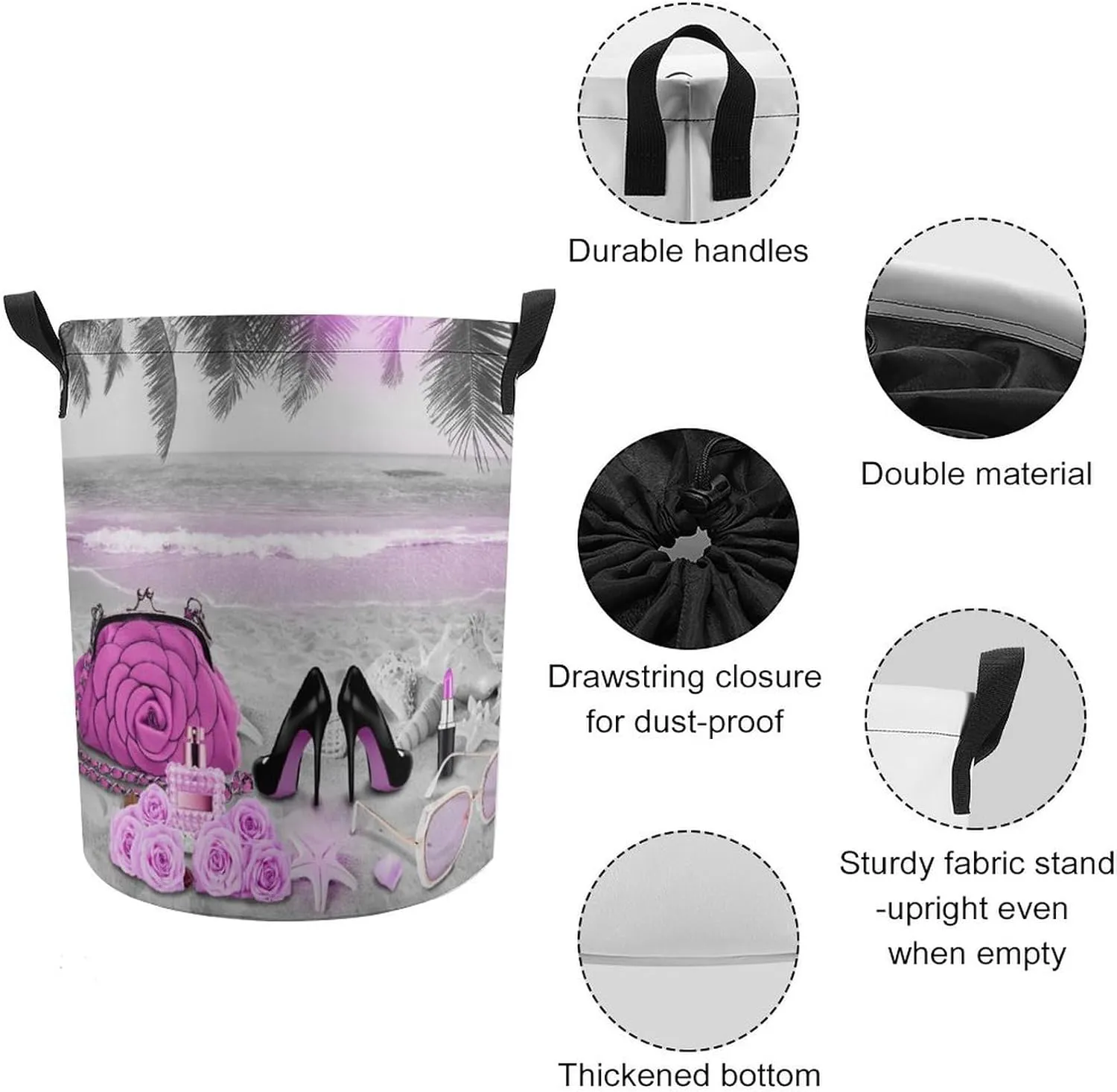 Abstract Tropical Summer Beach Collapsible Folding Washing Bin,Abstract Makeup Theme High Heels Palm Trees Starfish For Laundry Room, Balcony Dirty Clothes Basket-13.8"W X13.8"L X17.3"H