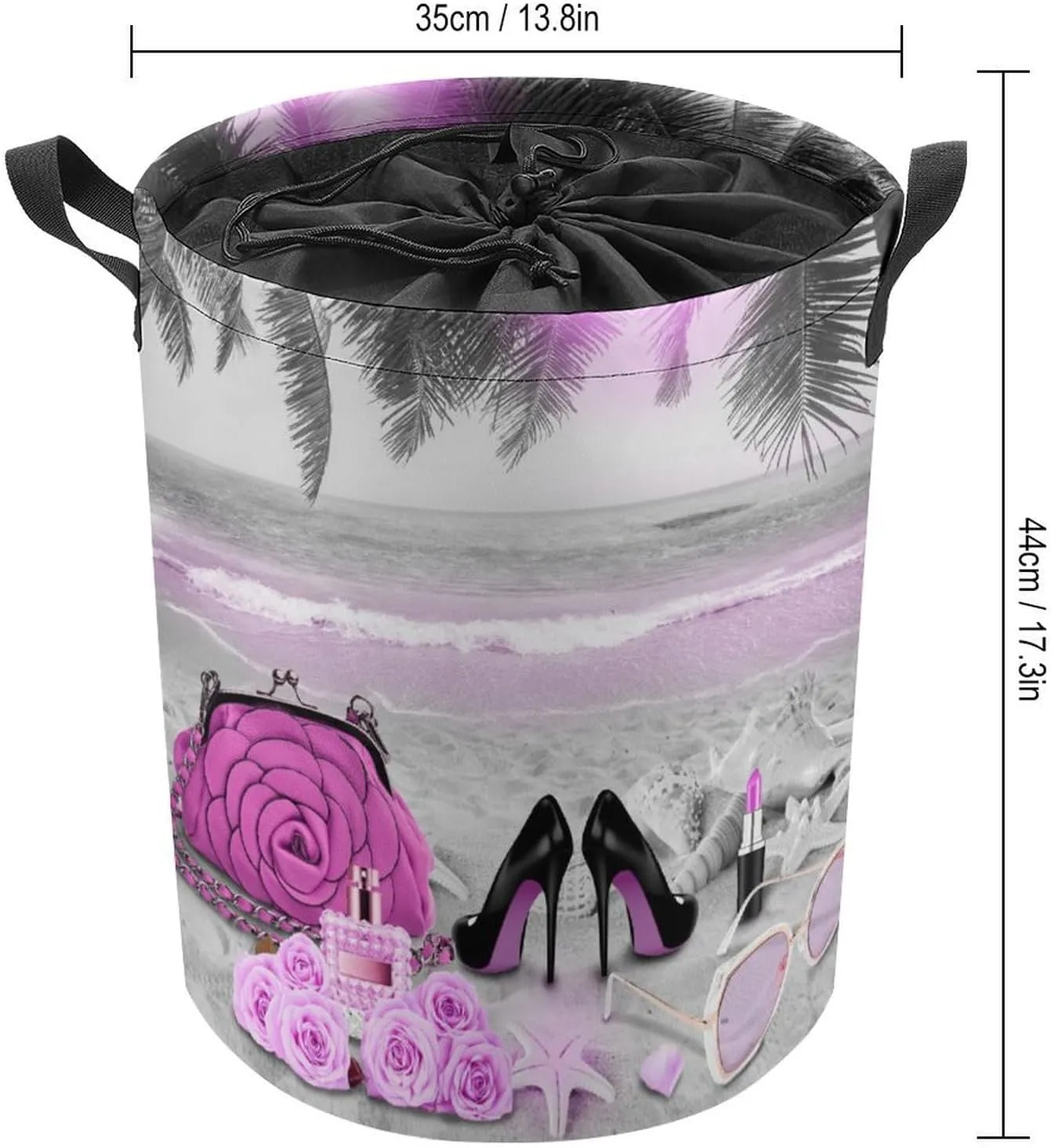 Abstract Tropical Summer Beach Collapsible Folding Washing Bin,Abstract Makeup Theme High Heels Palm Trees Starfish For Laundry Room, Balcony Dirty Clothes Basket-13.8"W X13.8"L X17.3"H