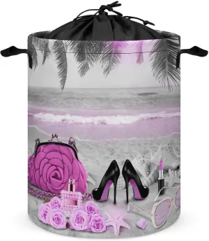Abstract Tropical Summer Beach Collapsible Folding Washing Bin,Abstract Makeup Theme High Heels Palm Trees Starfish For Laundry Room, Balcony Dirty Clothes Basket-13.8"W X13.8"L X17.3"H