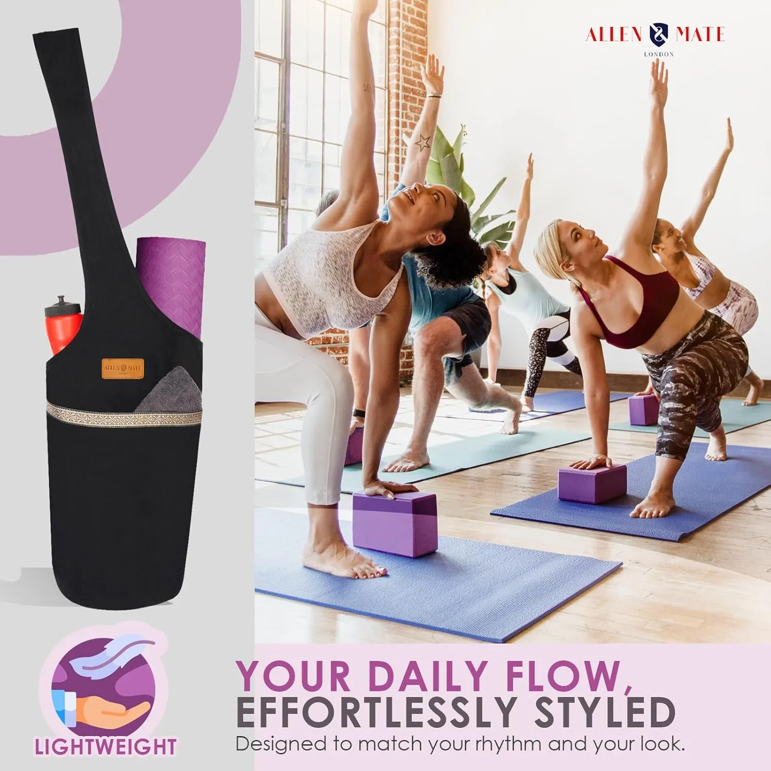 ALLEN & MATE Unisex Yoga Exercise Mat Bag with Large Size Pocket, Big Capacity Mat Tote Shoulder Carrier for Men & Women