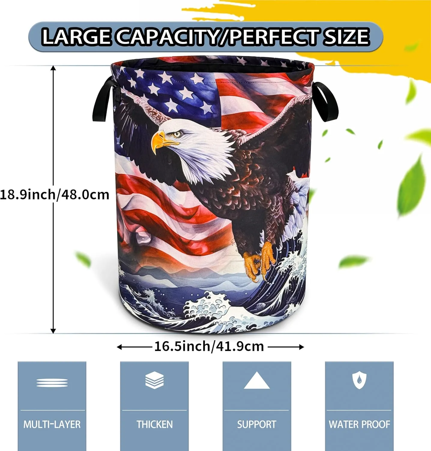 American Flag Eagle Wave Laundry Basket Foldable Oxford Cloth Funny Tote Bag Laundry Hamper Clothes Storage Bucket Toy Organizer For Bathroom/Laundry Storage/Bedroom 18.9x16.5 Inch