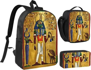 Ancient Egypt Tribe Series print Backpack Set Casual Shoulder Bag Lunch Bag Pen Pouch 3 in 1 Set 17inch for Women Men College